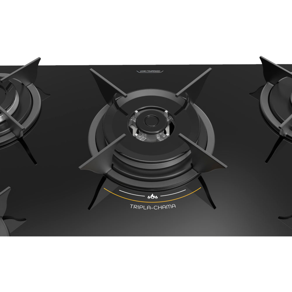 Cooktop Realce 5 Bocas Vidro 6mm Tripla Chama Acendimento Automático Desempenho Preto