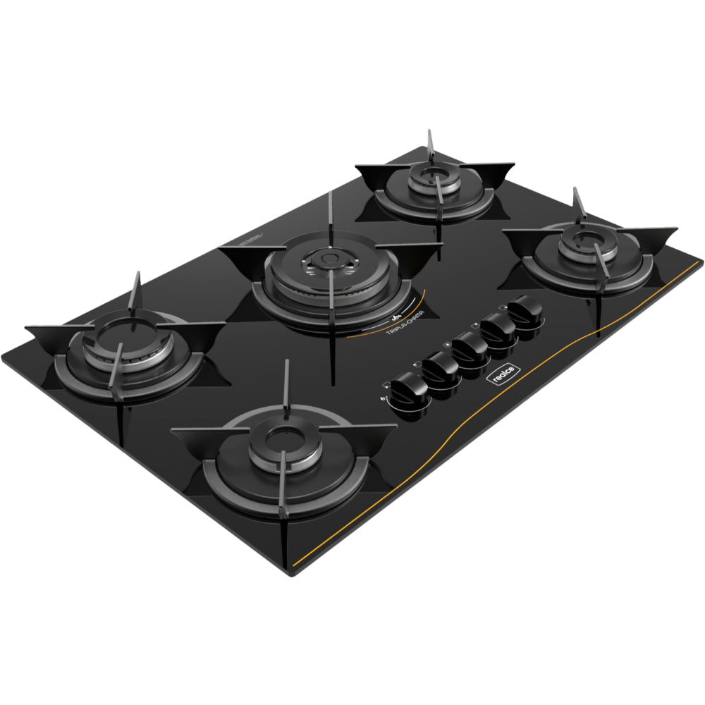 Cooktop Realce 5 Bocas Vidro 6mm Tripla Chama Acendimento Automático Desempenho Preto