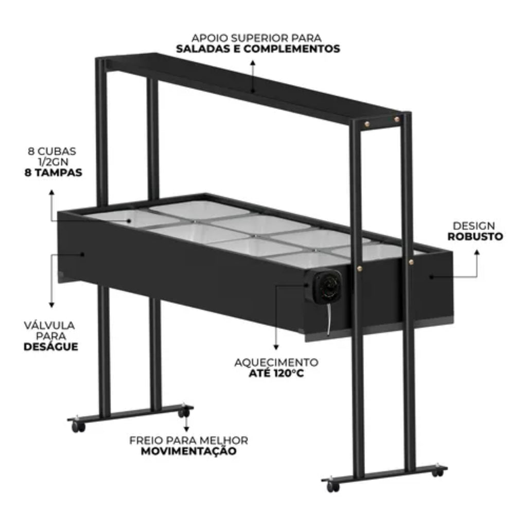 Buffet Self Service Térmico Aquecido 8 Cubas Com Tampa 220v