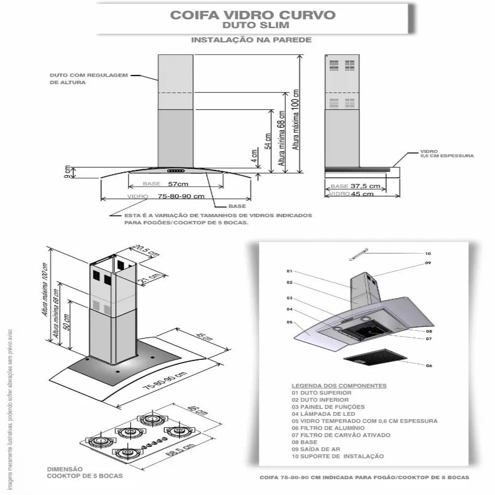Coifa Fogatti de Parede Clean Vidro Curvo Kromanox 90cm