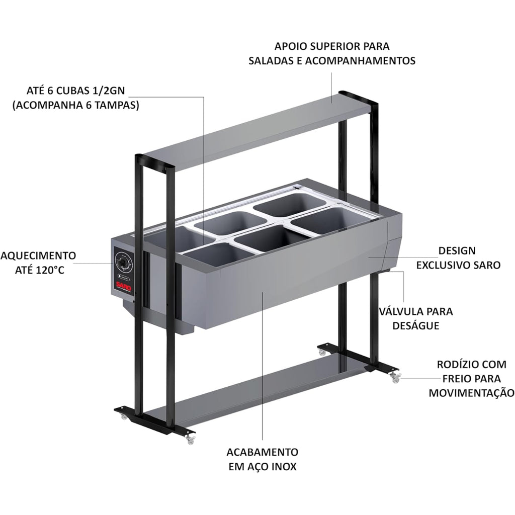 Buffet Térmico Aquecido Saro Em Inox 6 Cubas Com Tampa 220v