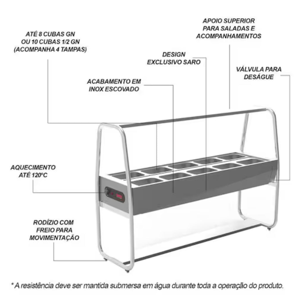 Buffet térmico aquecido 10 cubas com tampa 127V SARO