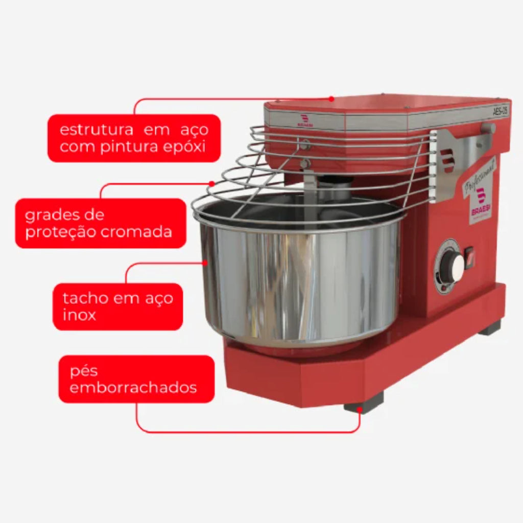 Amassadeira Espiral Braesi 5kg Potência robusta Alta Durabilidade Industrial Vermelho - AES-05 BIV