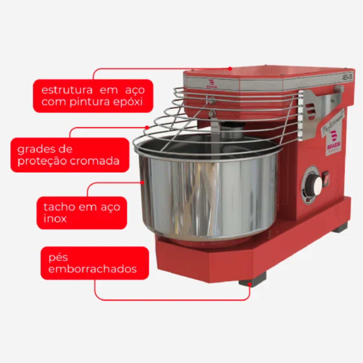 Amassadeira Espiral Braesi 5kg Potência robusta Alta Durabilidade Industrial Vermelho - AES-05 BIV