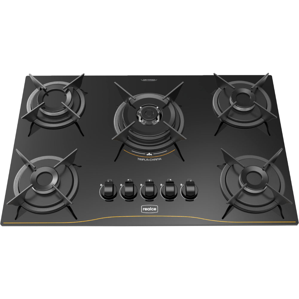 Cooktop Realce 5 Bocas Vidro 6mm Tripla Chama Acendimento Automático Desempenho Preto