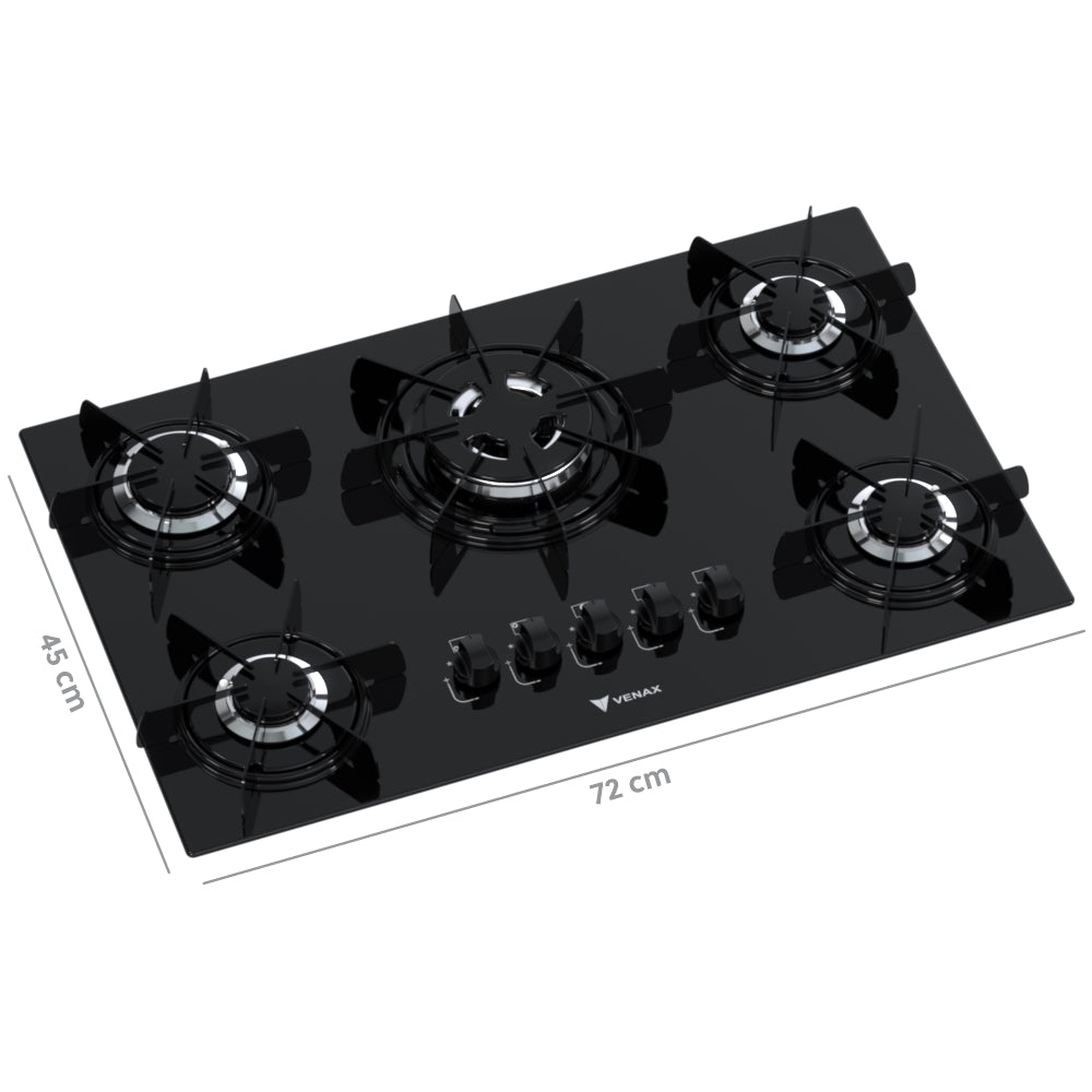 Cooktop 5 Bocas Venax Sognare Tripla Chama Preto Gás GLP