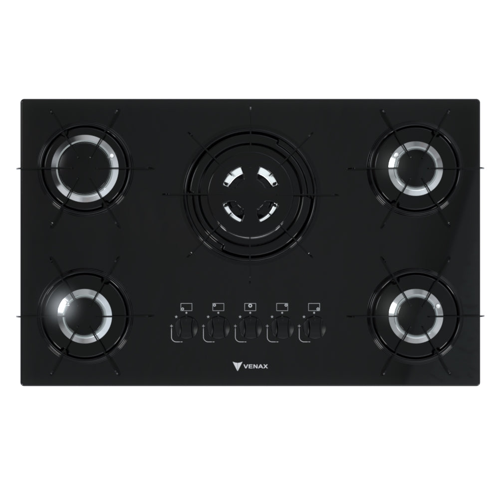 Cooktop 5 Bocas Venax Sognare Tripla Chama Preto Gás GLP